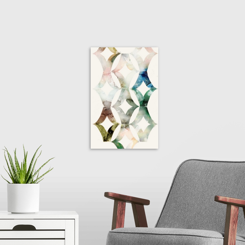 A modern room featuring Watercolor pattern in diamond shapes.