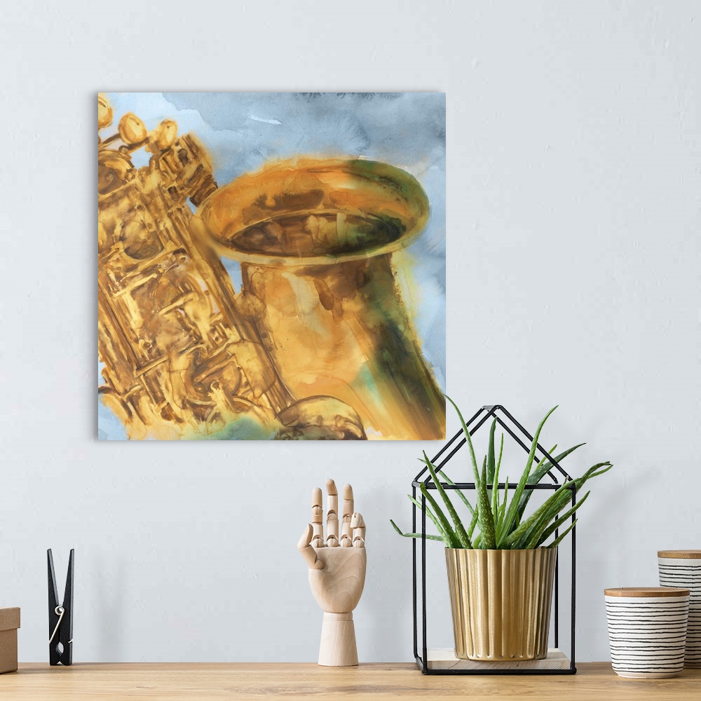 A bohemian room featuring Contemporary watercolor painting of part of a saxophone close-up on a square blue-gray background.