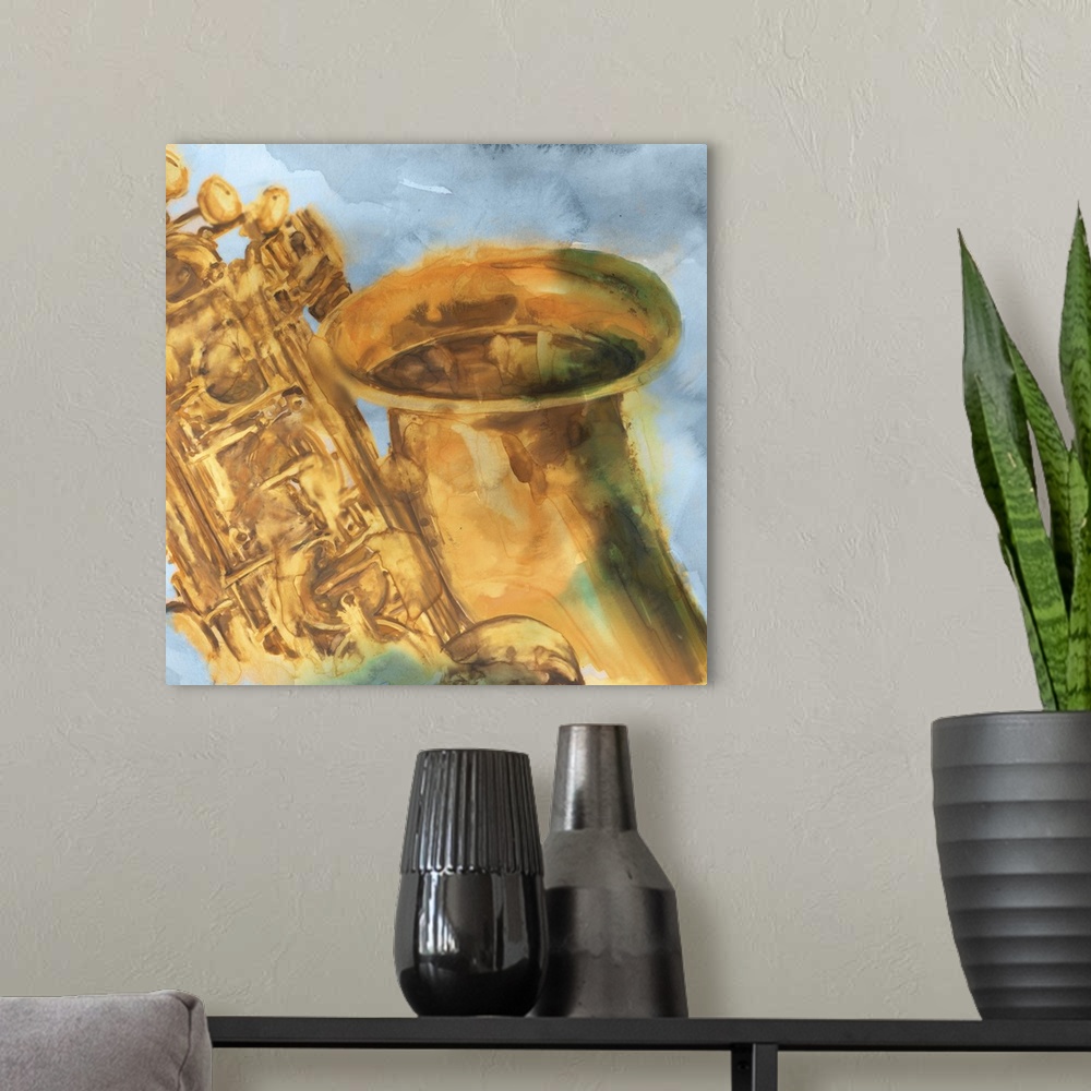 A modern room featuring Contemporary watercolor painting of part of a saxophone close-up on a square blue-gray background.