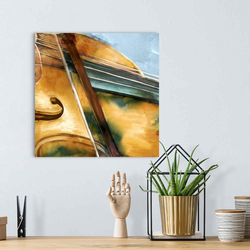 A bohemian room featuring Contemporary watercolor painting of part of a violin and bow close-up on a square blue-gray backg...