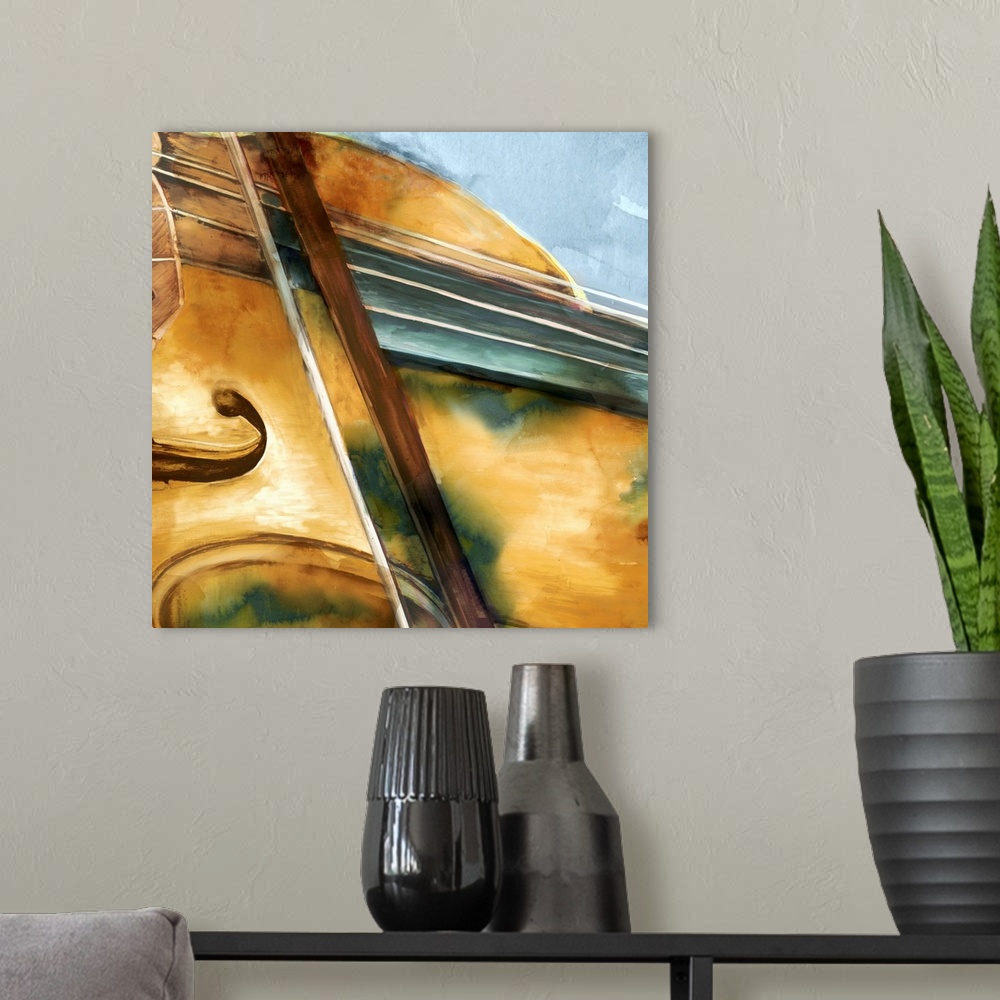 A modern room featuring Contemporary watercolor painting of part of a violin and bow close-up on a square blue-gray backg...