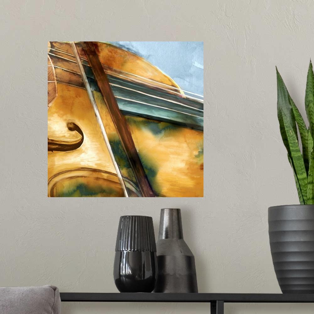 A modern room featuring Contemporary watercolor painting of part of a violin and bow close-up on a square blue-gray backg...