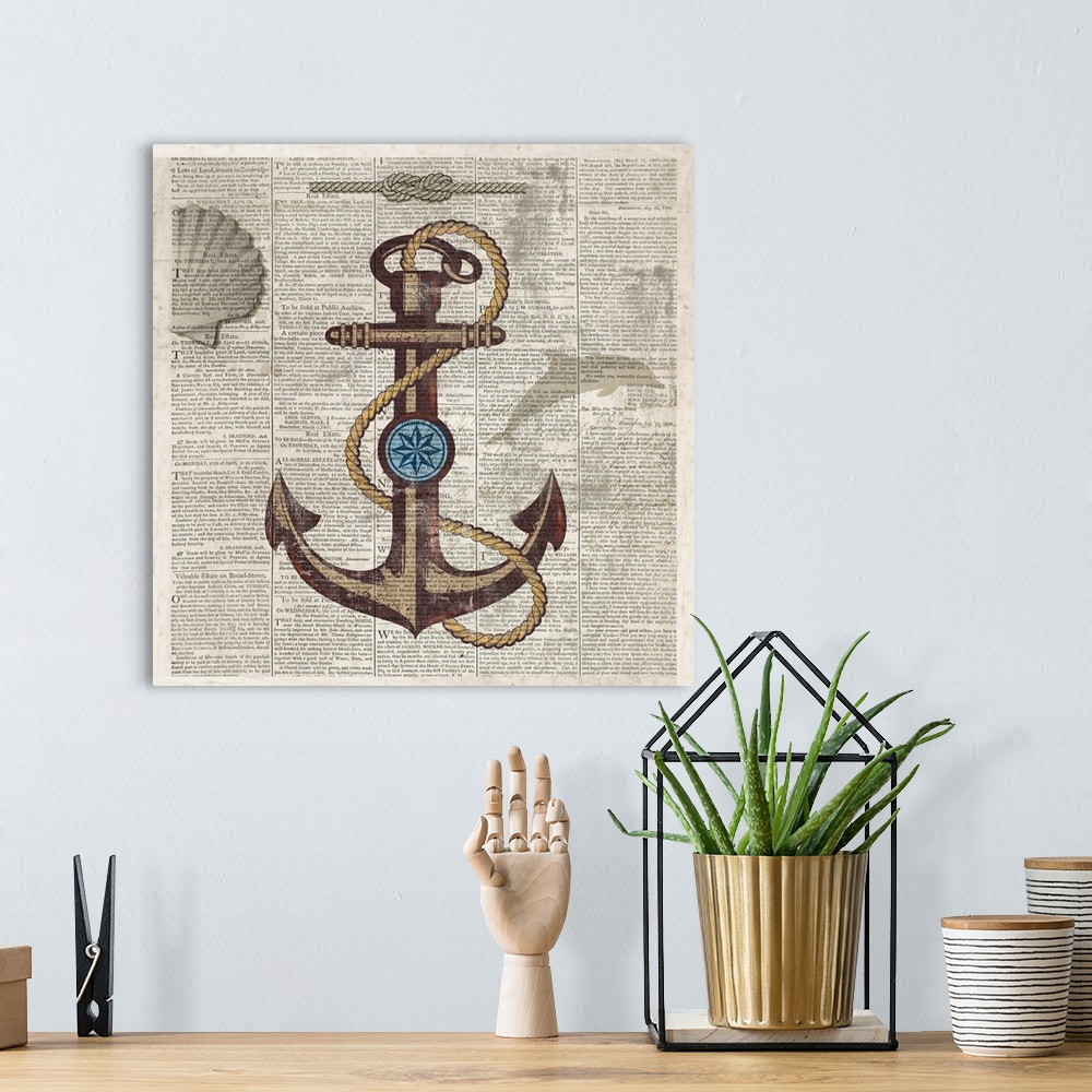 A bohemian room featuring Contemporary dictionary page artwork with a nautical theme and an anchor in the center.