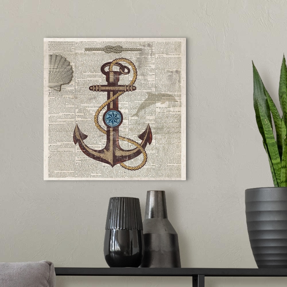 A modern room featuring Contemporary dictionary page artwork with a nautical theme and an anchor in the center.