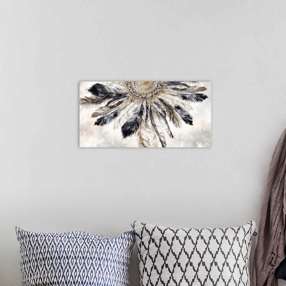 A bohemian room featuring Painting of feathers radiating from half of a mandala in neutral tones with gold accents.
