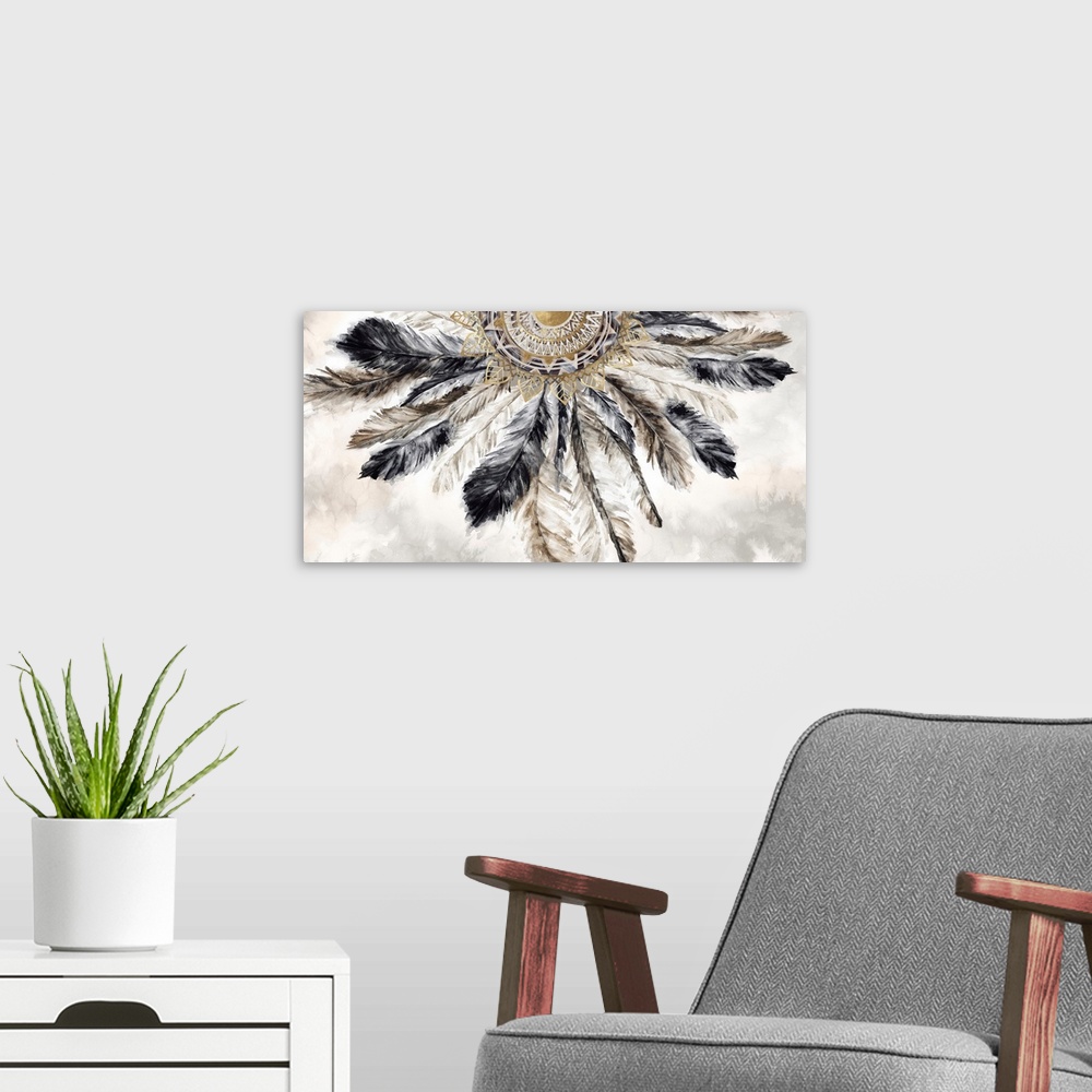 A modern room featuring Painting of feathers radiating from half of a mandala in neutral tones with gold accents.