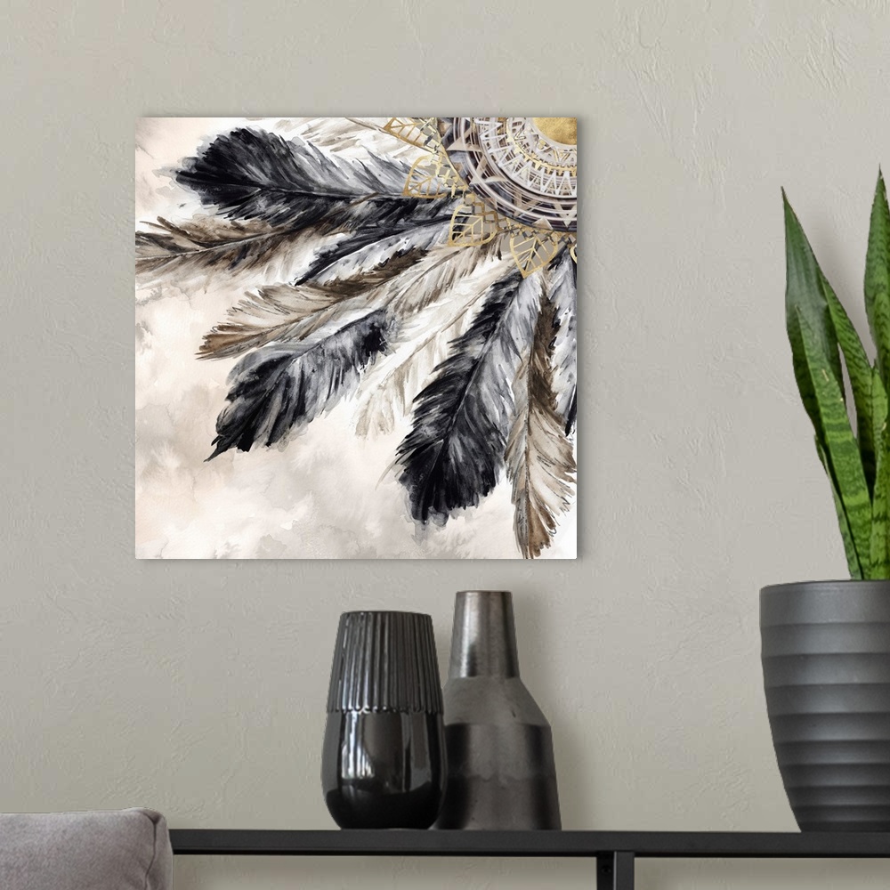 A modern room featuring Bohemian mandala with feathers painted in various neutral shades outlined in gold.