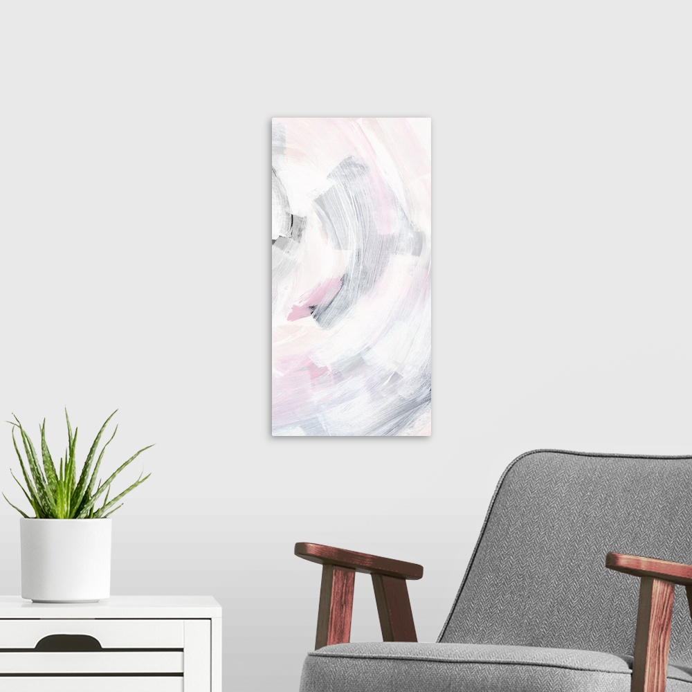A modern room featuring Long vertical painting of curved brush strokes of white washed colors of pink, white and gray.