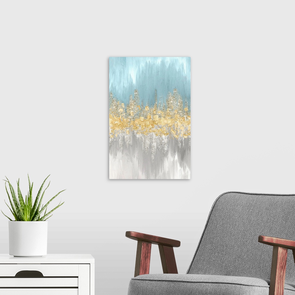 A modern room featuring Vertical painting with light blue on the top and gray on the bottom with textured gold in the cen...