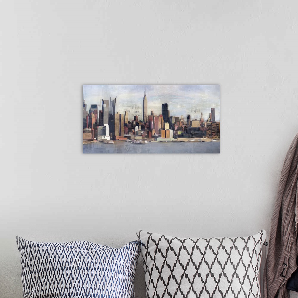 A bohemian room featuring Contemporary home decor artwork of the New York city skyline.