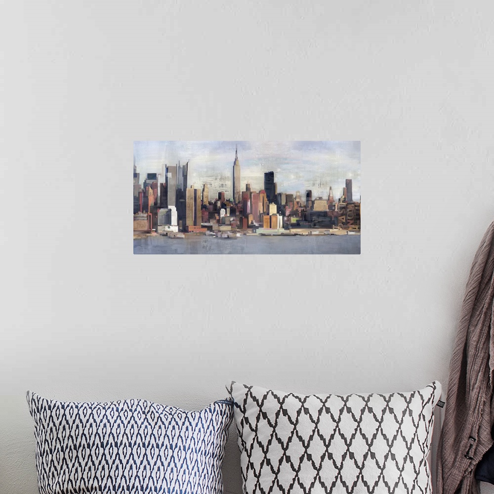 A bohemian room featuring Contemporary home decor artwork of the New York city skyline.