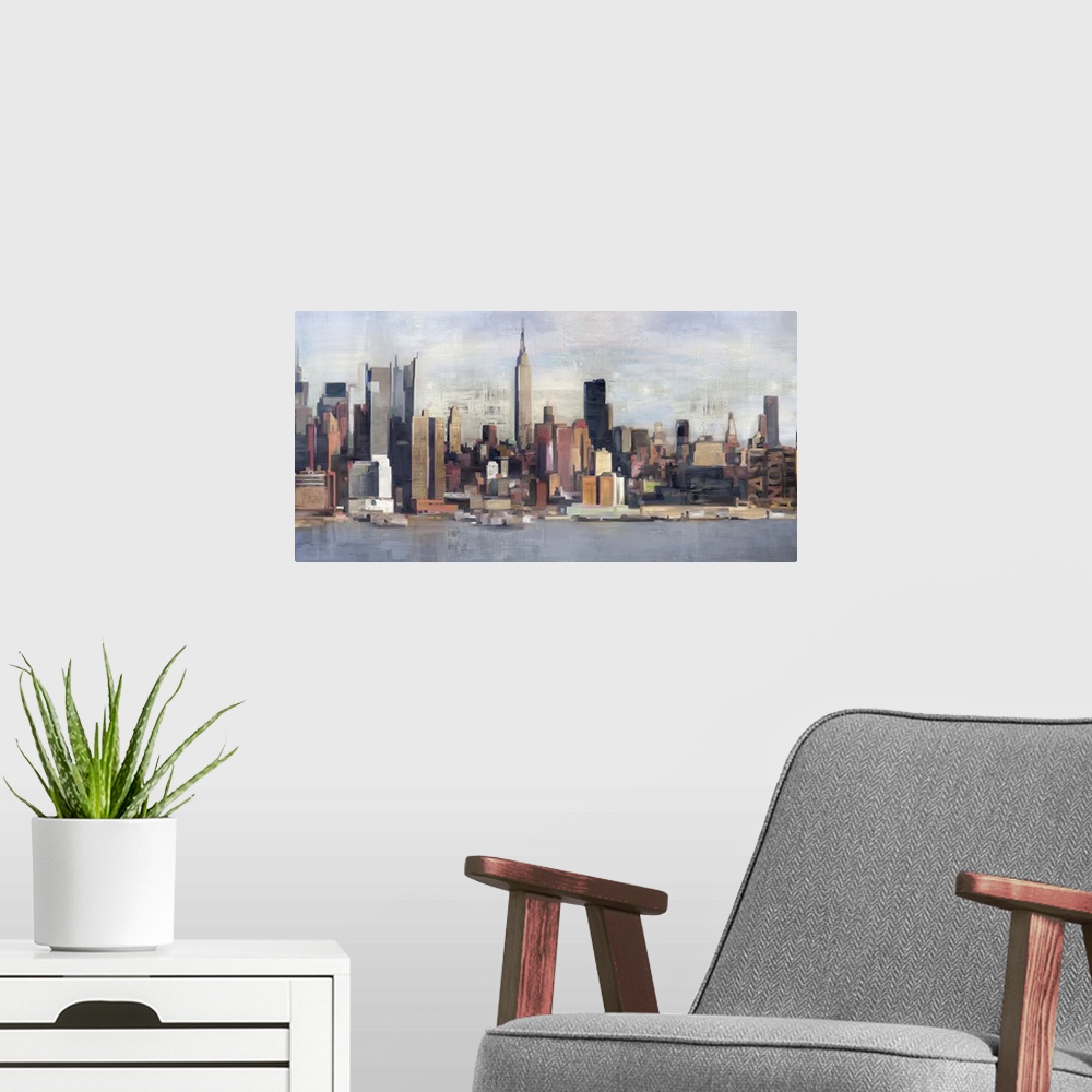 A modern room featuring Contemporary home decor artwork of the New York city skyline.