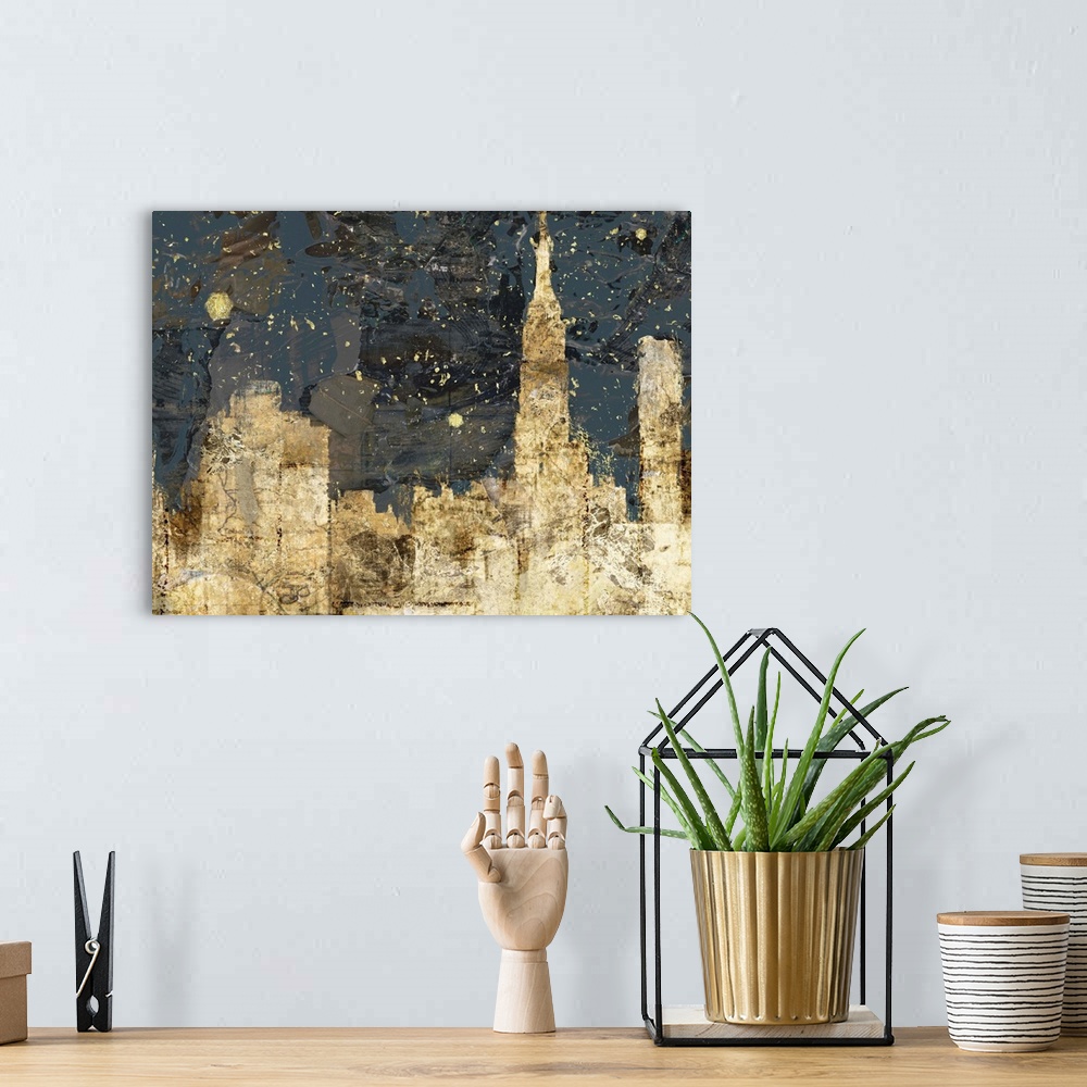 A bohemian room featuring An abstract city night scene in golden textures.