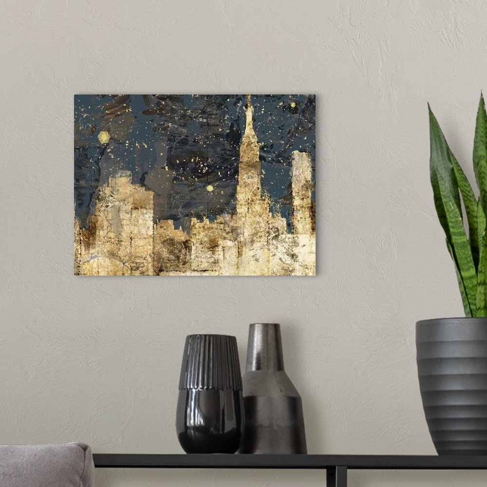 A modern room featuring An abstract city night scene in golden textures.