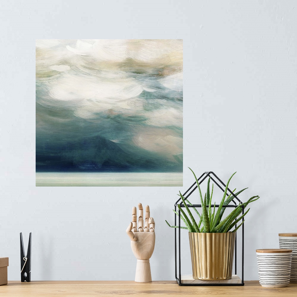 A bohemian room featuring Contemporary home decor artwork of an abstracted mountain seascape.