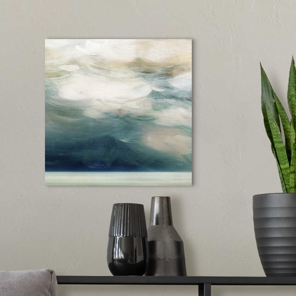 A modern room featuring Contemporary home decor artwork of an abstracted mountain seascape.
