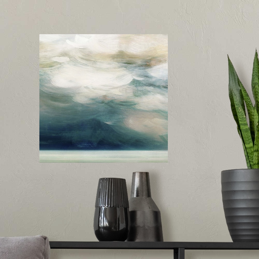 A modern room featuring Contemporary home decor artwork of an abstracted mountain seascape.