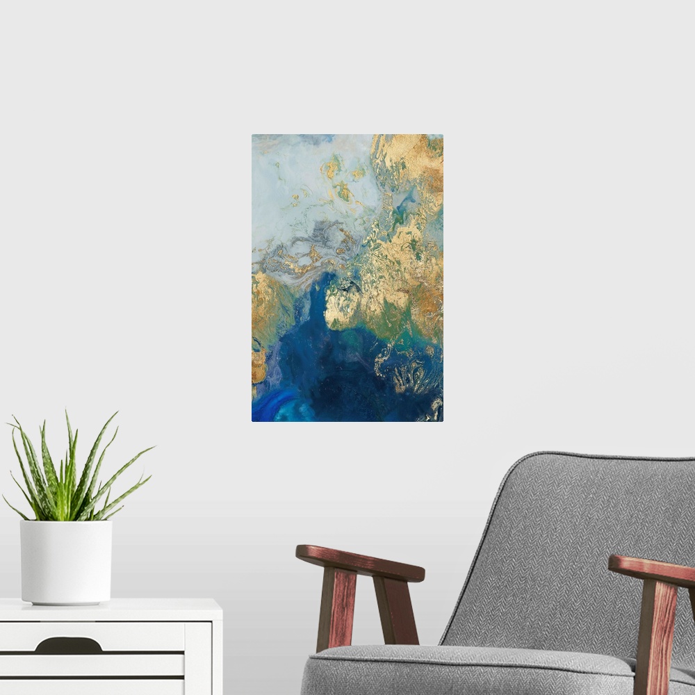 A modern room featuring Abstract painting in blue and gold, resembling swirling waves.