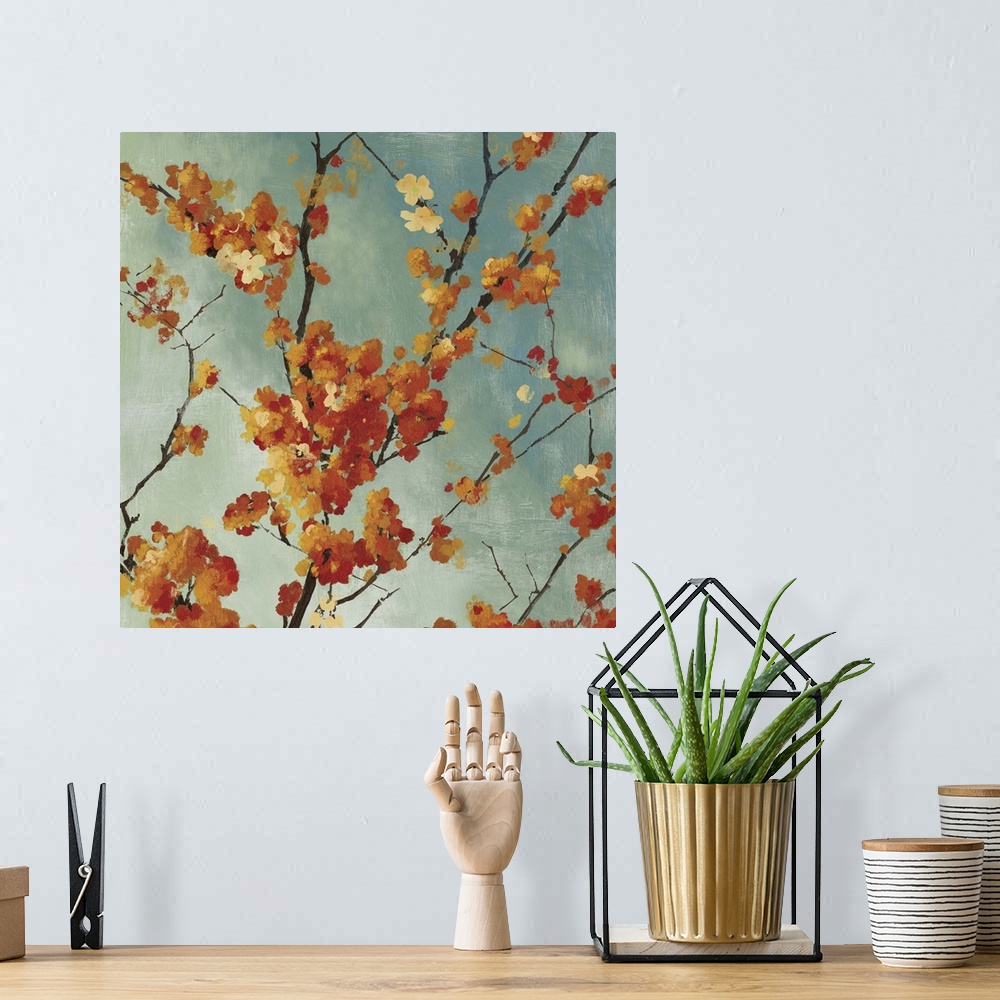 A bohemian room featuring Contemporary painting of a autumn foliage blossoming on the branches of a tree.