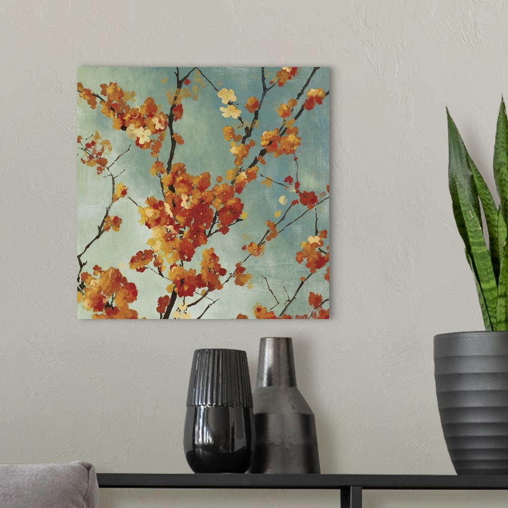 A modern room featuring Contemporary painting of a autumn foliage blossoming on the branches of a tree.