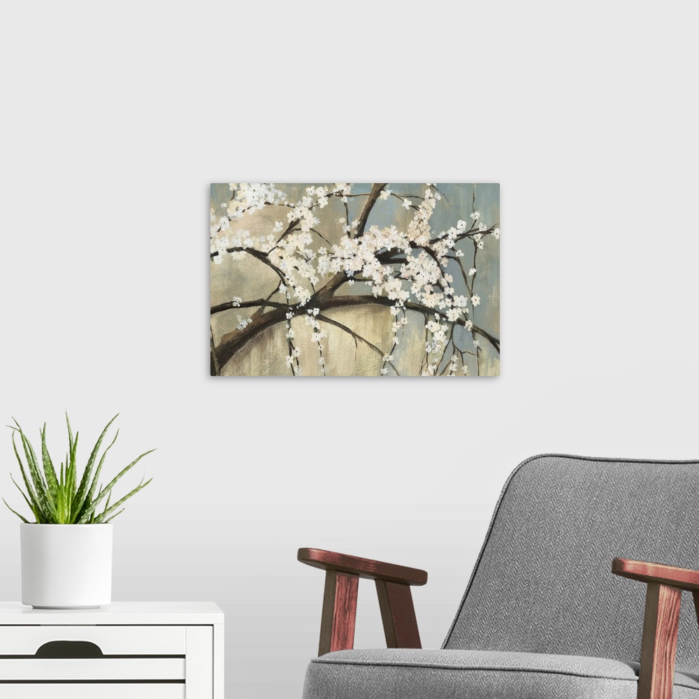 A modern room featuring Contemporary painting of little white flowers in bloom on the branches of a tree.