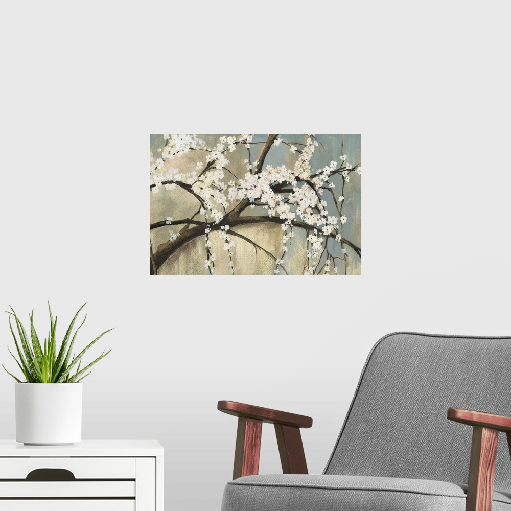 A modern room featuring Contemporary painting of little white flowers in bloom on the branches of a tree.