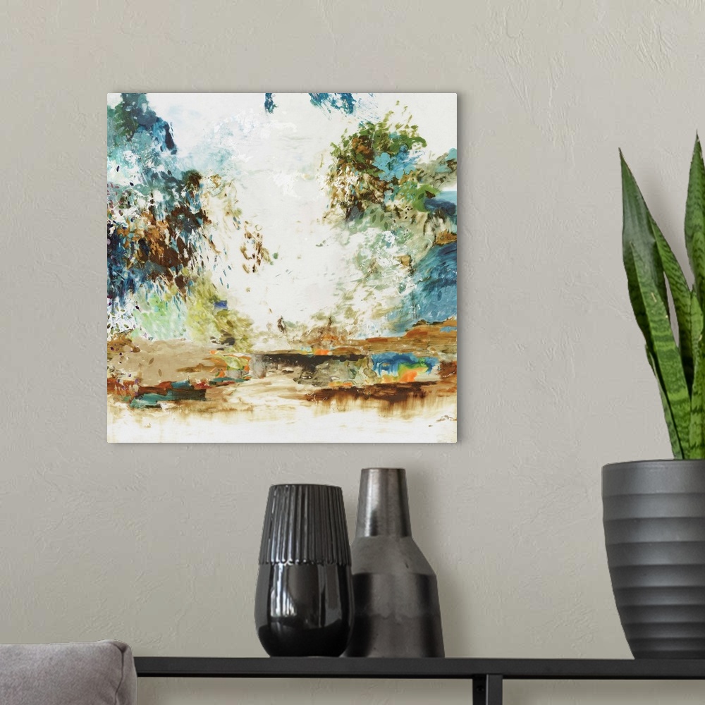 A modern room featuring Square contemporary painting of a landscape in natural earth tone colors.