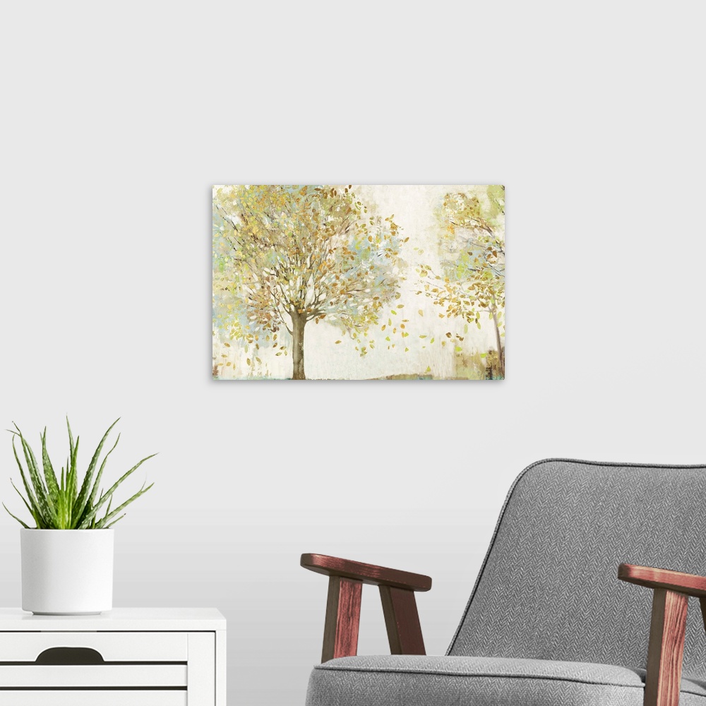 A modern room featuring Contemporary painting of trees with leaves blowing in the wind in neutral pastel shades of cream,...