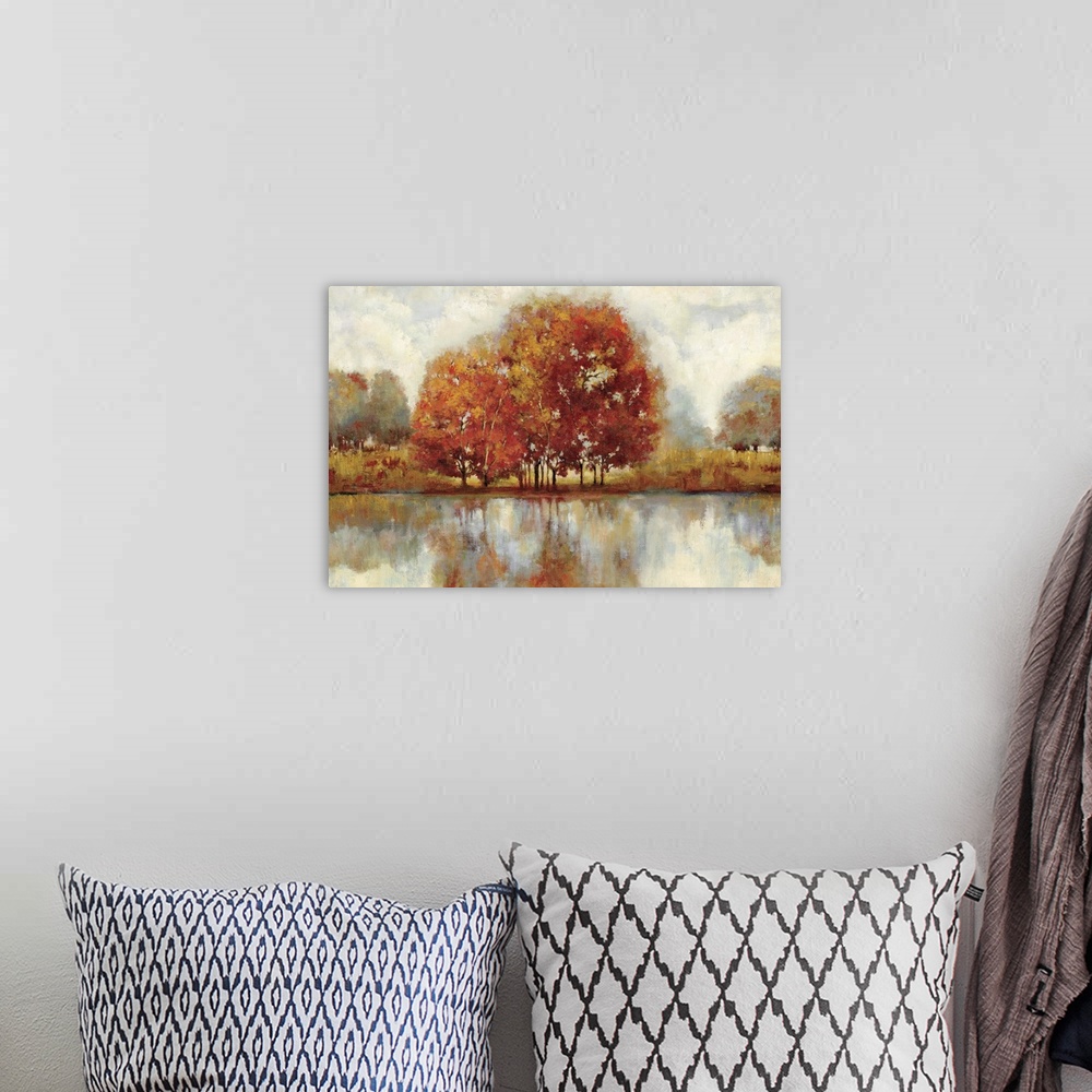A bohemian room featuring Contemporary painting of a countryside forest scene in autumn foliage.