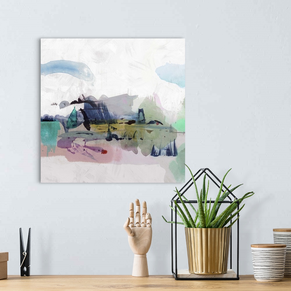 A bohemian room featuring Contemporary abstract home decor art using washed watercolors.