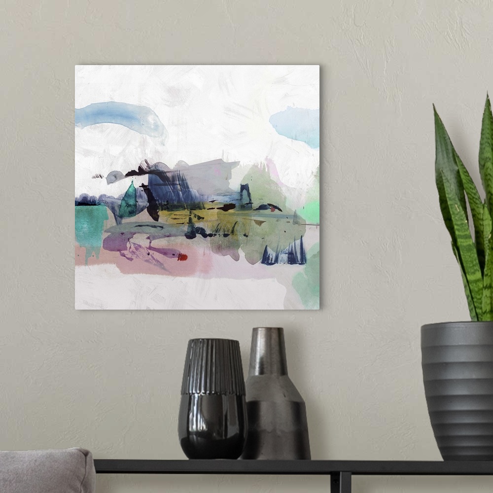 A modern room featuring Contemporary abstract home decor art using washed watercolors.