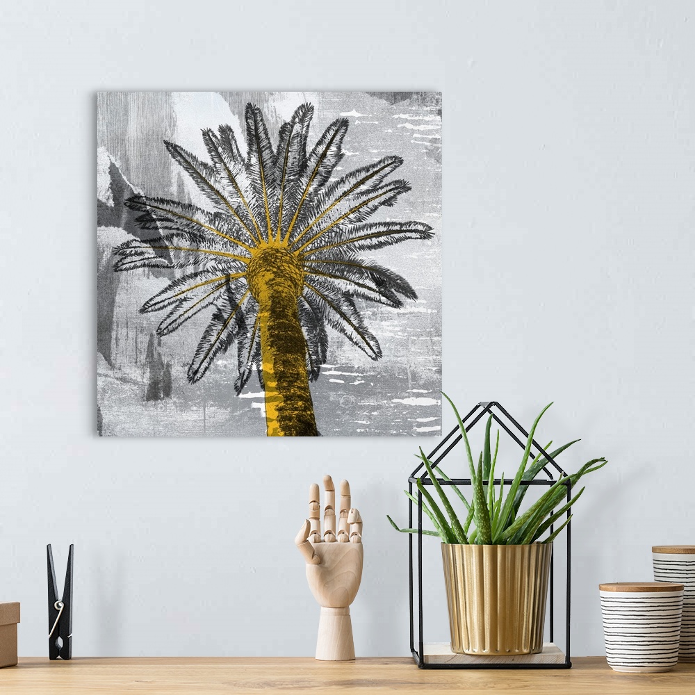 A bohemian room featuring A contemporary painting of a palm tree with a textured gray background.