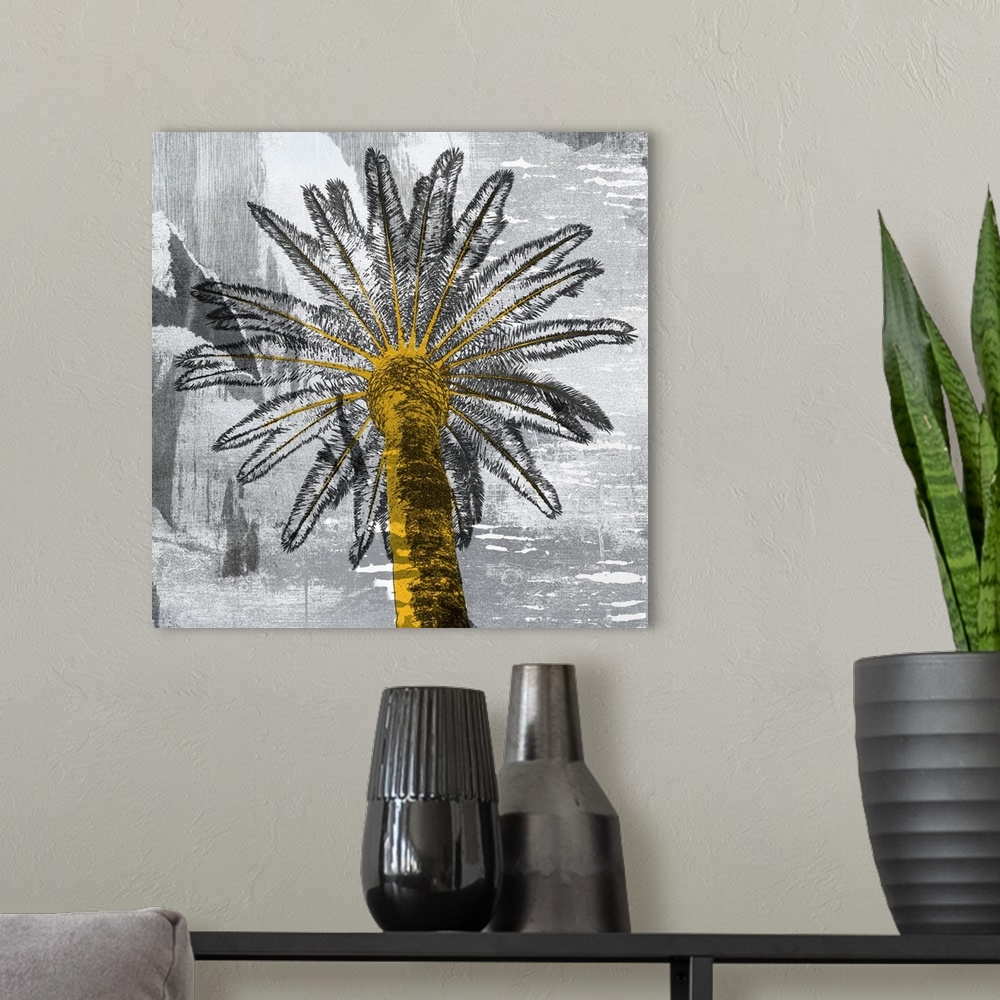 A modern room featuring A contemporary painting of a palm tree with a textured gray background.