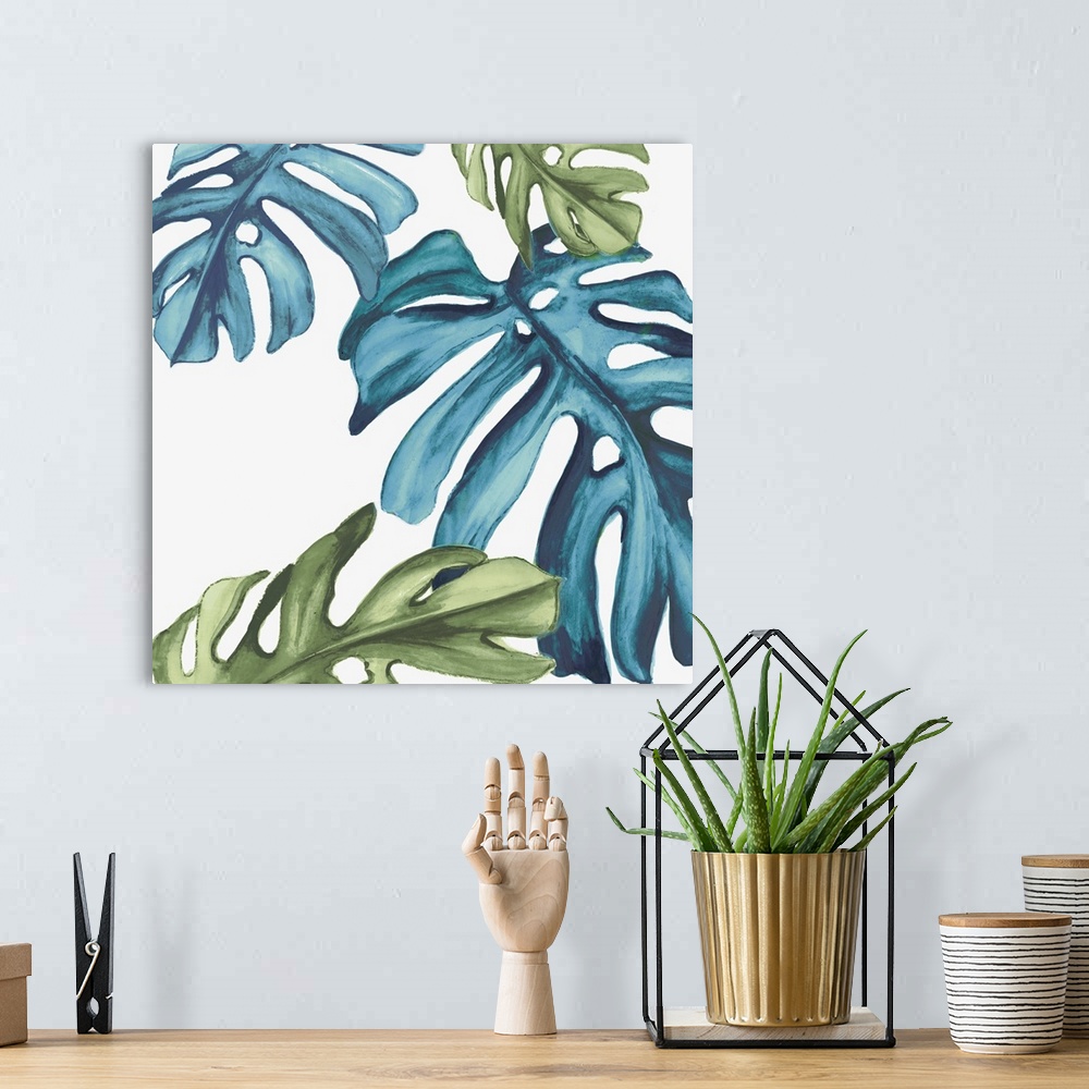 A bohemian room featuring Square decor with illustrated tropical palm leaves in blue and green hues on a white background.