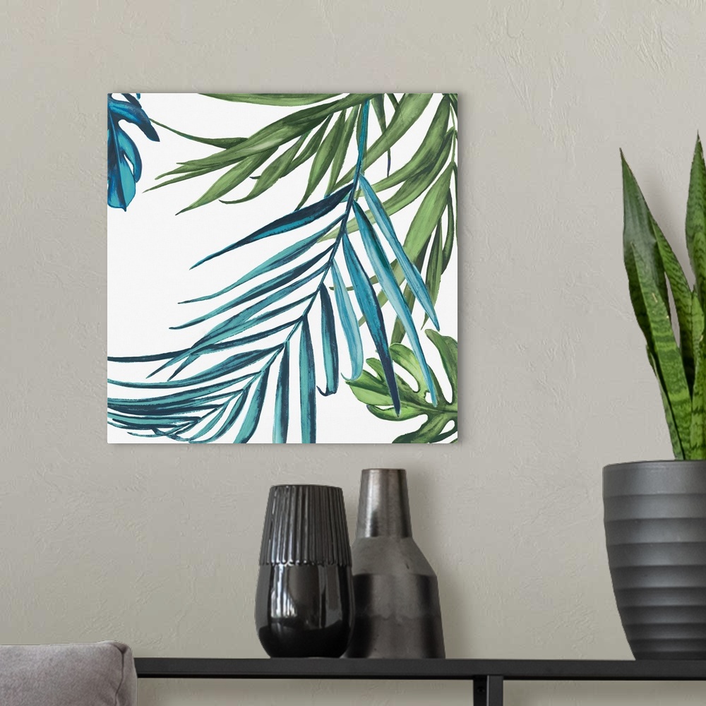 A modern room featuring Square decor with illustrated tropical palm leaves in blue and green hues on a white background.