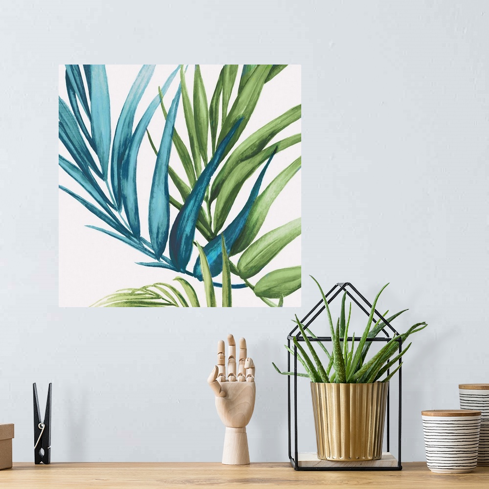 A bohemian room featuring Square decor with illustrated tropical palm leaves in blue and green hues on a white background.