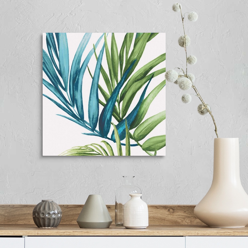 A farmhouse room featuring Square decor with illustrated tropical palm leaves in blue and green hues on a white background.