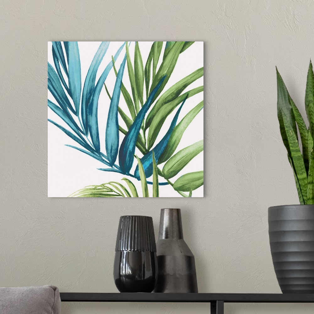 A modern room featuring Square decor with illustrated tropical palm leaves in blue and green hues on a white background.