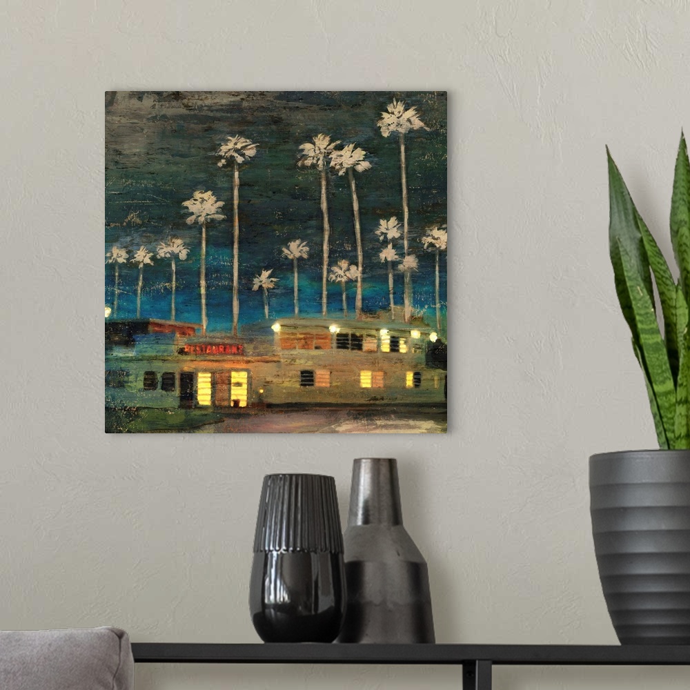 A modern room featuring Artwork of tall palm trees over small shops at night.