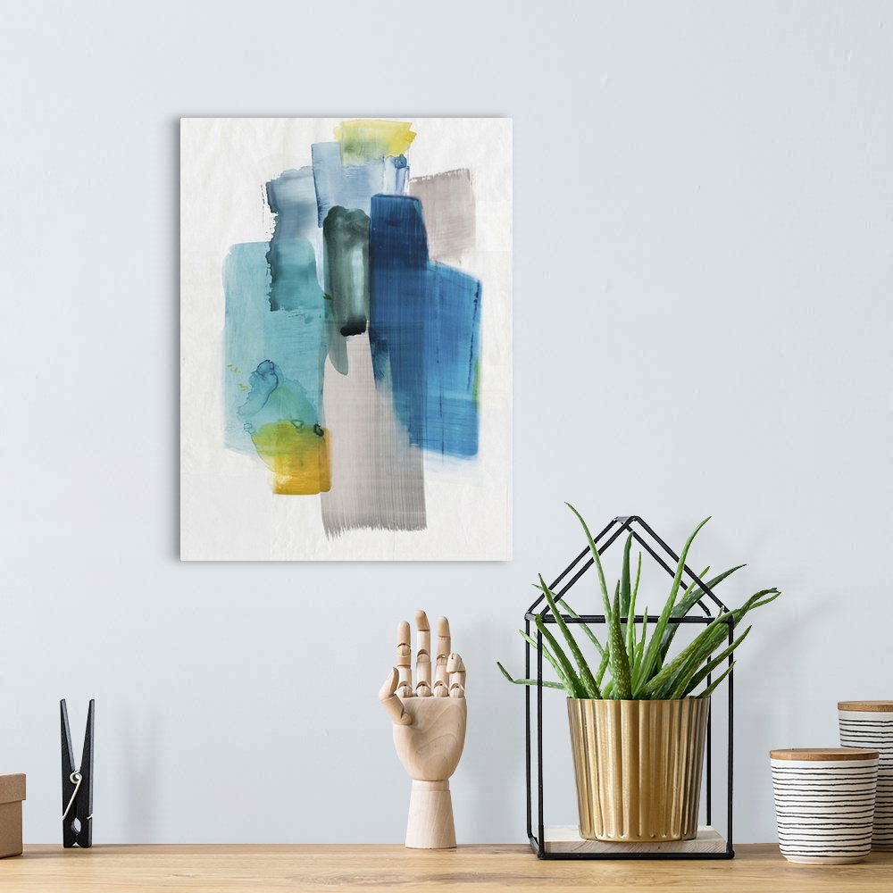 A bohemian room featuring Contemporary abstract home decor art using vibrant blue against a neutral background.