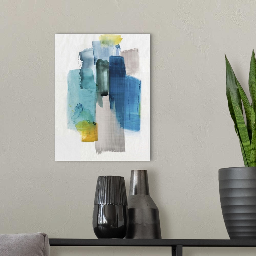A modern room featuring Contemporary abstract home decor art using vibrant blue against a neutral background.