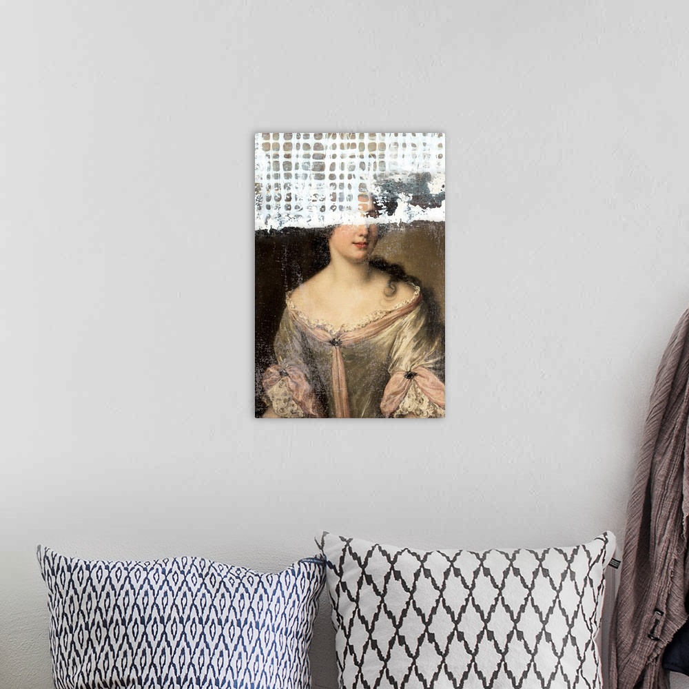 A bohemian room featuring A redesign of a classic portrait painting with a weaved white design overlapping the top on the i...