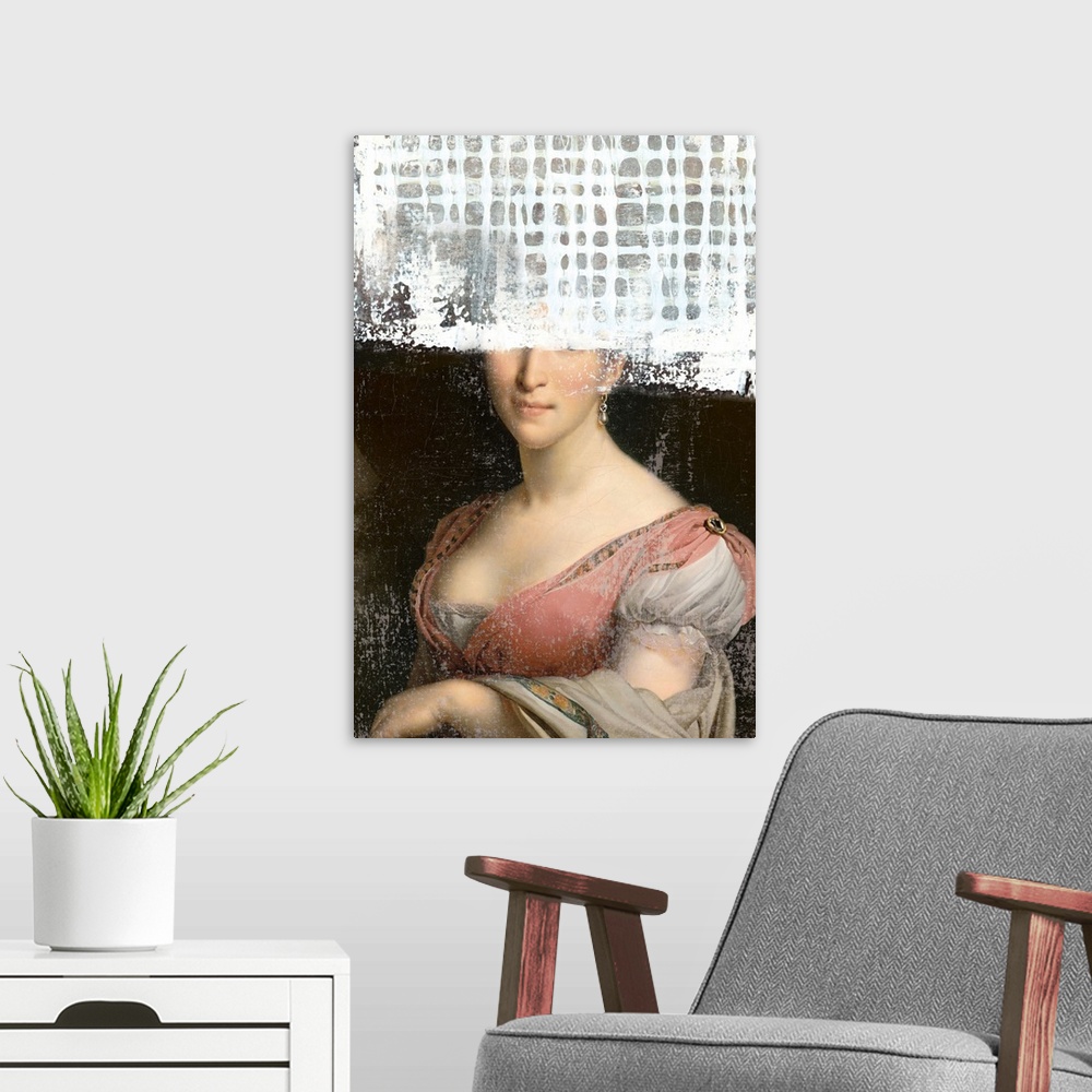 A modern room featuring A redesign of a classic portrait painting with a weaved white design overlapping the top on the i...