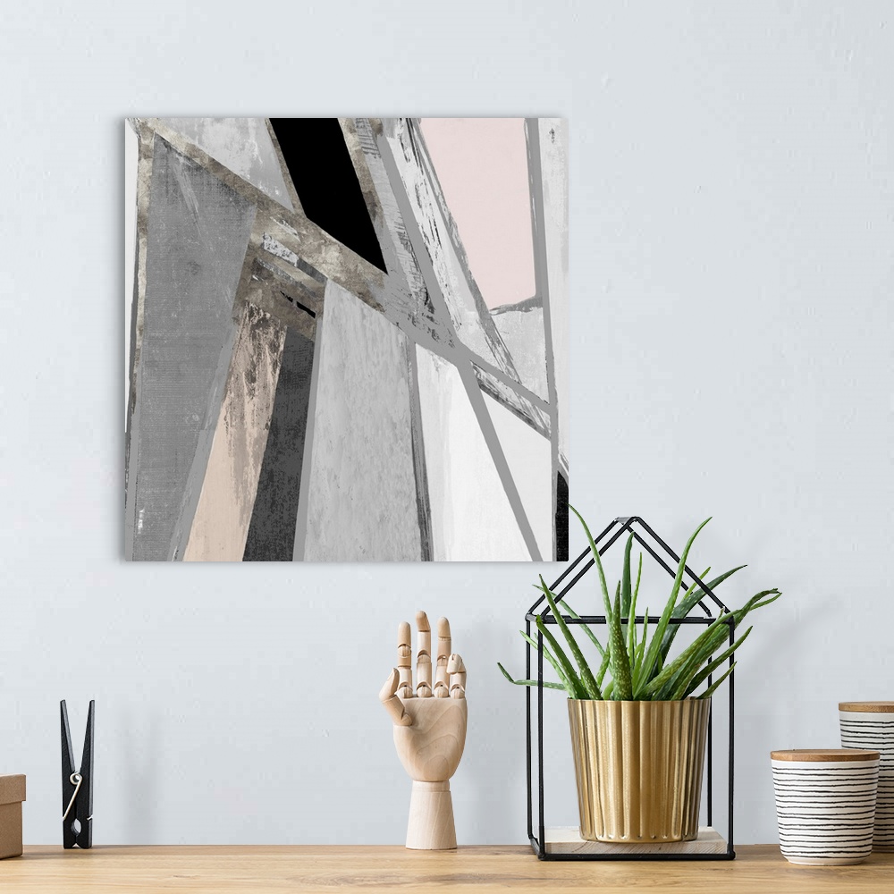 A bohemian room featuring Square modern painting of silver, black and beige lines, intersecting in varies directions, with ...