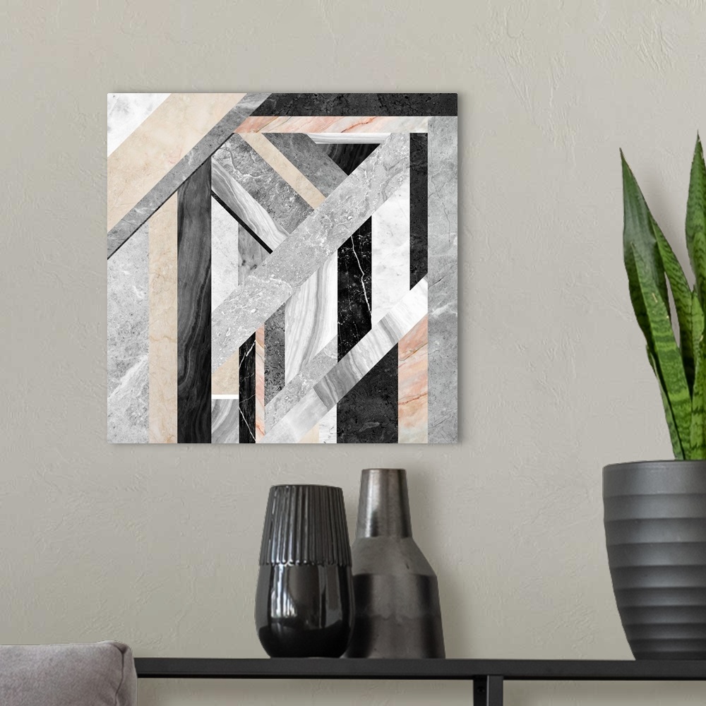 A modern room featuring Square modern painting of silver, black and beige lines, intersecting in varies directions, with ...