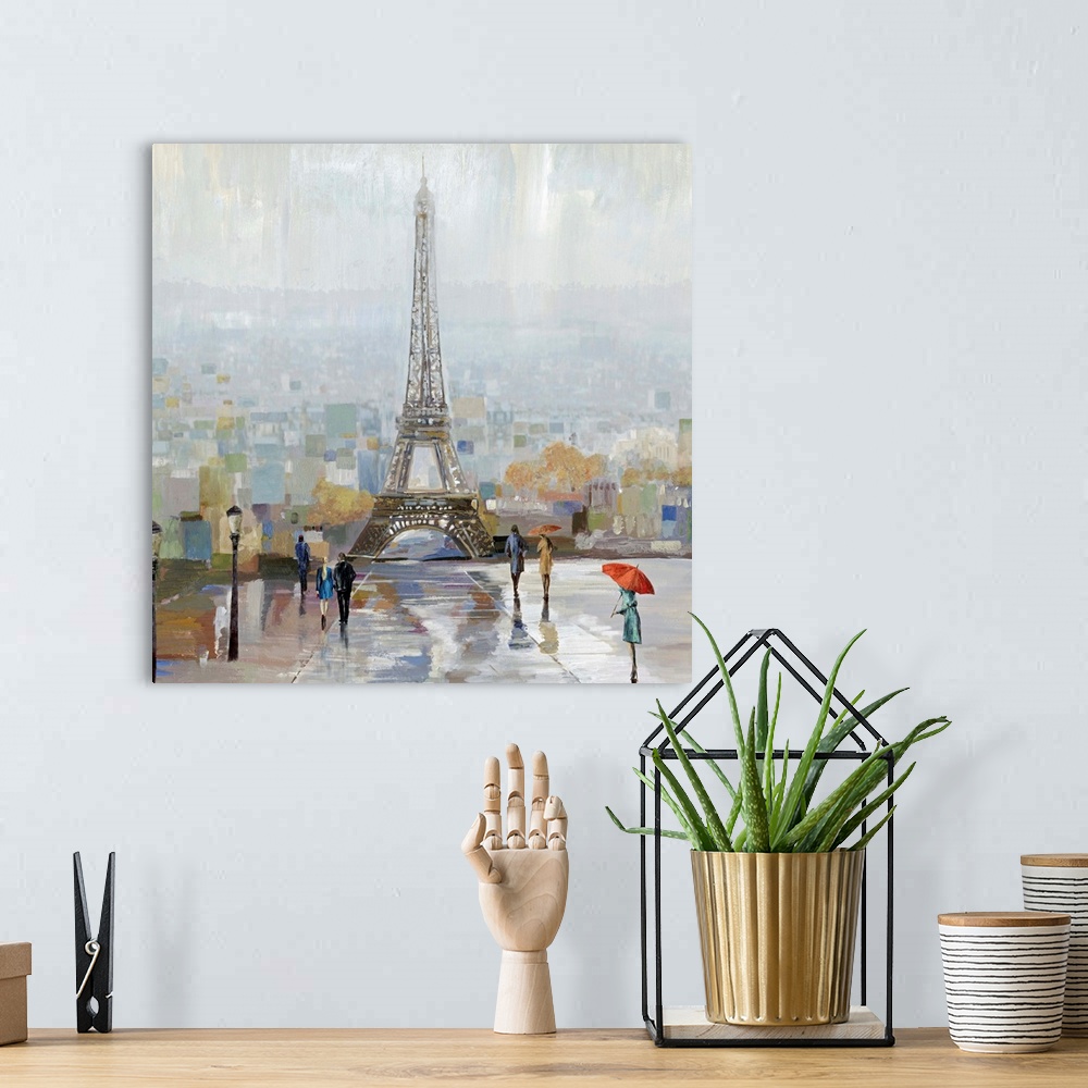 A bohemian room featuring Contemporary cityscape of Paris with the Eiffel tower in the center.