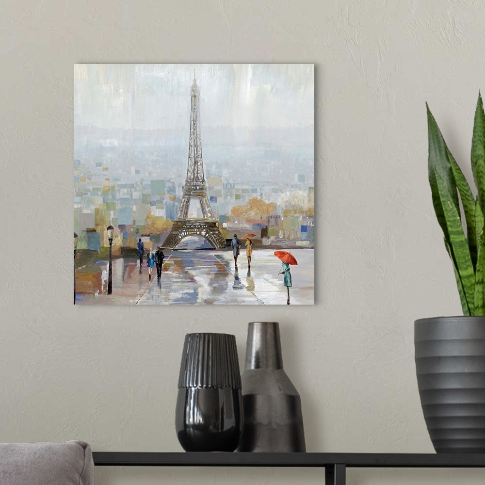 A modern room featuring Contemporary cityscape of Paris with the Eiffel tower in the center.
