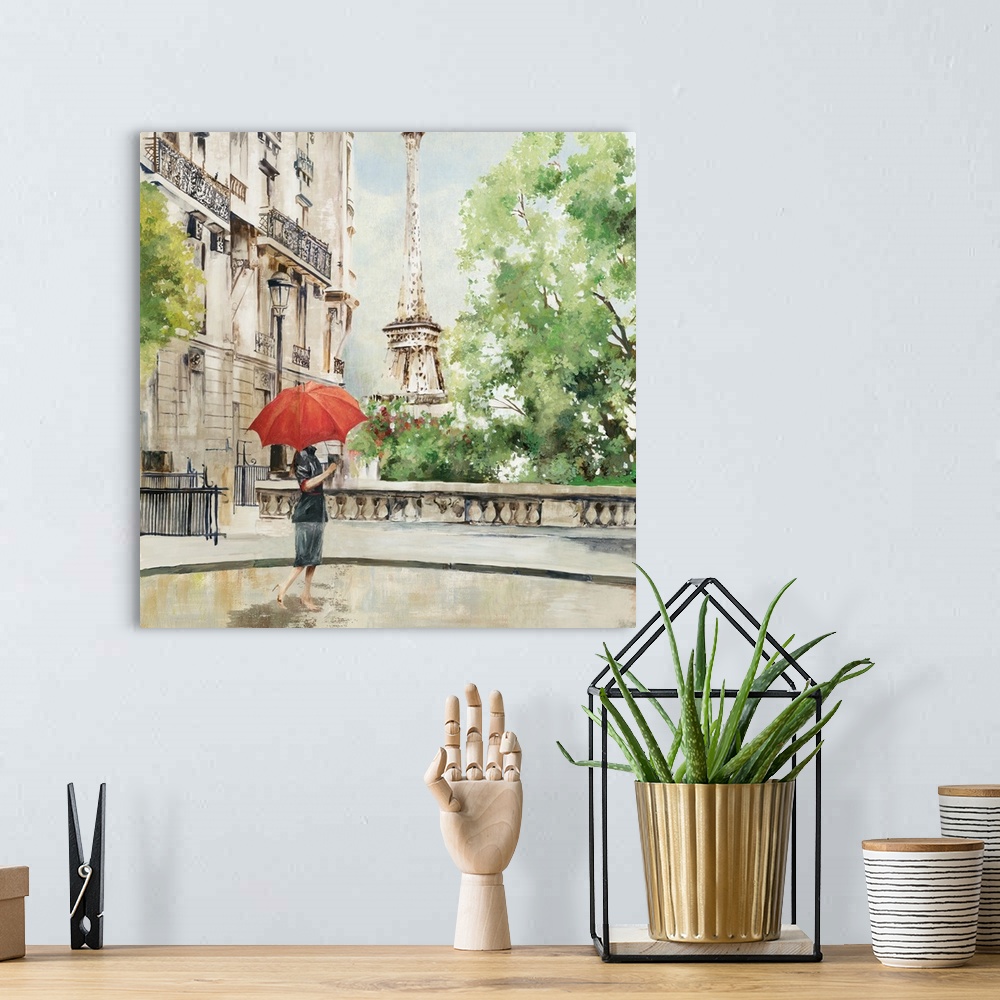 A bohemian room featuring Contemporary artwork of a person with a red parasol walking near the Eiffel Tower.