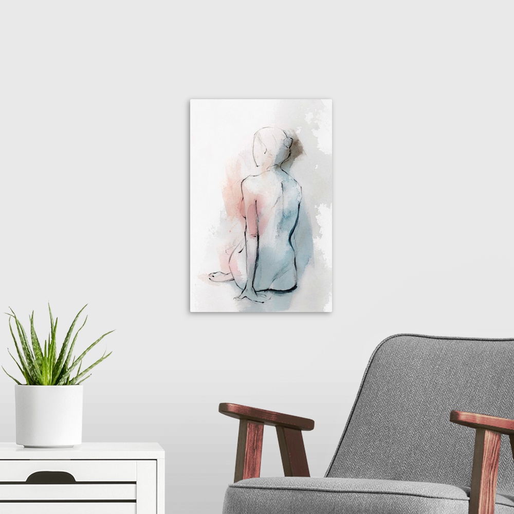 A modern room featuring A vertical portrait of a female sitting with her back toward the viewer as she looks over her sho...