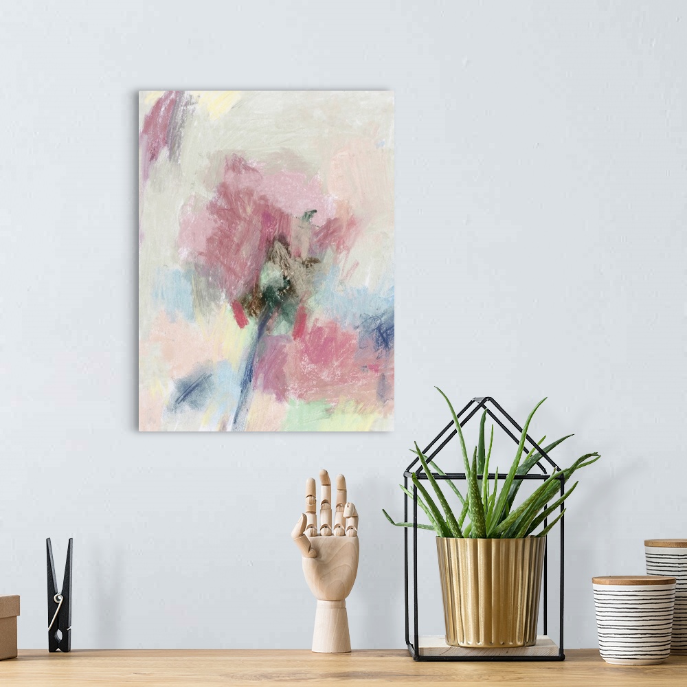 A bohemian room featuring Abstract floral painting in muted pastel colors.